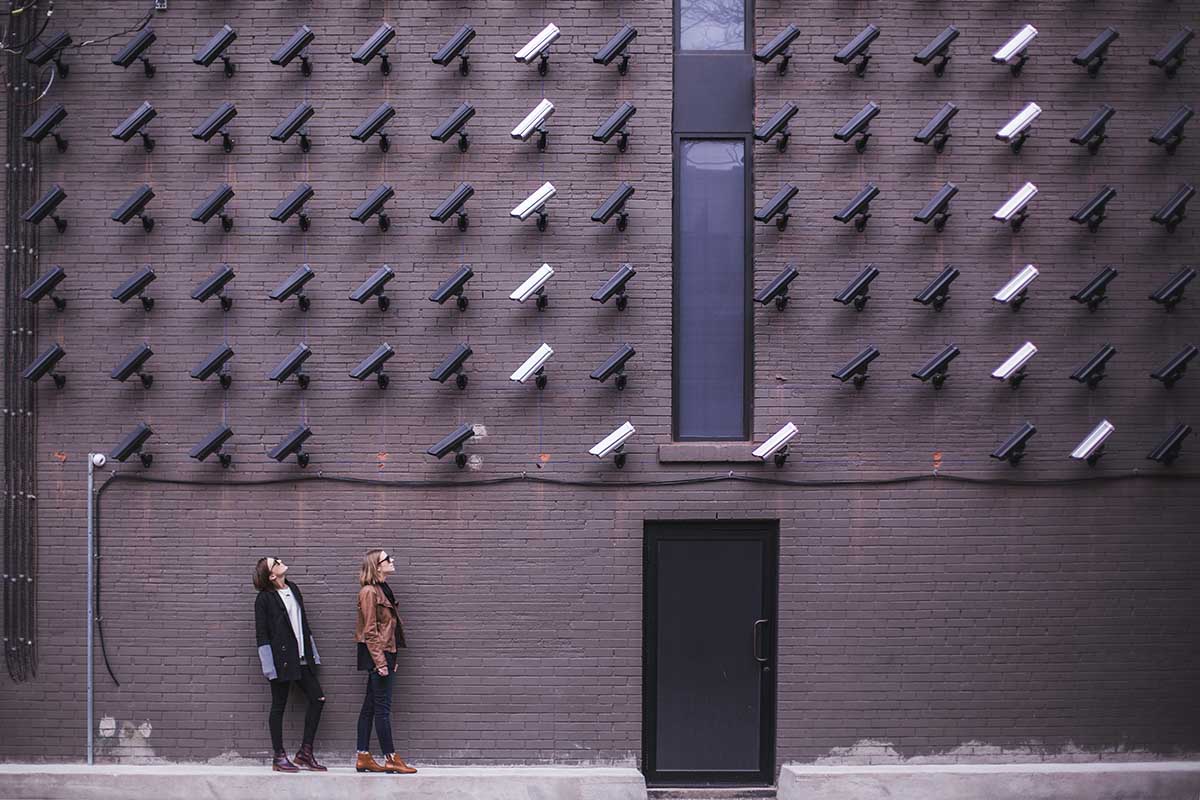 wall of security cameras